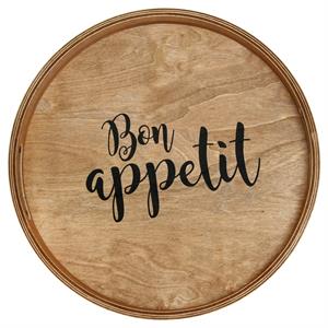 Decorative 13.75in Round Wood Serving Tray w Handles Bon Appetit