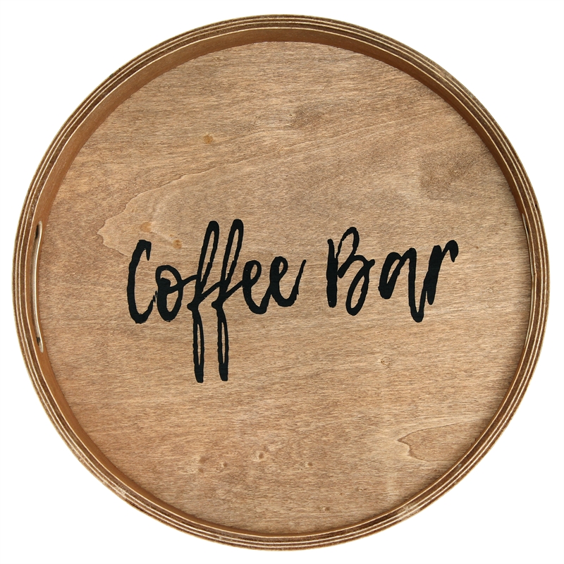 Decorative 13.75in Round Wood Serving Tray w Handles Coffee Bar