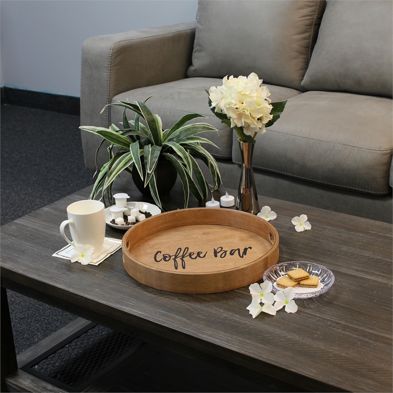 Decorative 13.75in Round Wood Serving Tray w Handles Coffee Bar