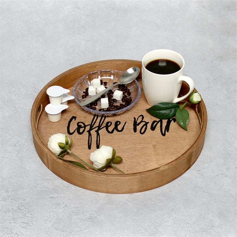 Decorative 13.75in Round Wood Serving Tray w Handles Coffee Bar