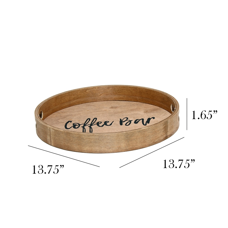 Decorative 13.75in Round Wood Serving Tray w Handles Coffee Bar