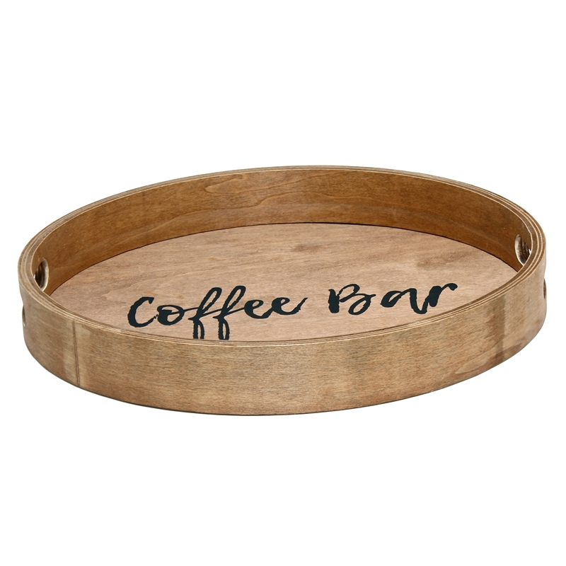 Decorative 13.75in Round Wood Serving Tray w Handles Coffee Bar