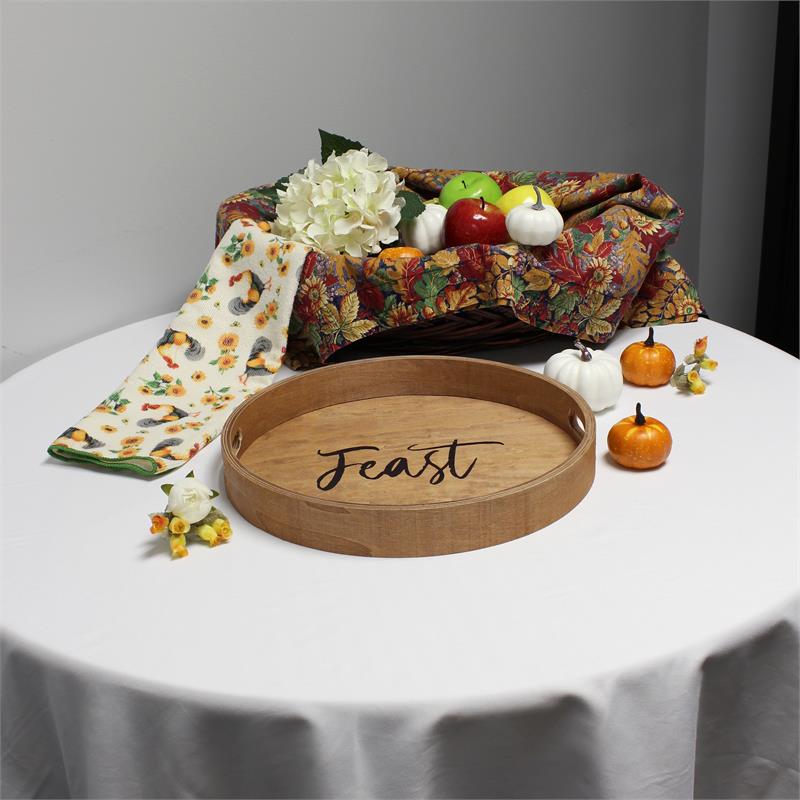 Decorative 13.75in Round Wood Serving Tray w Handles Feast
