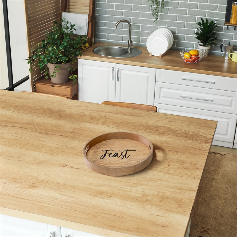 Decorative 13.75in Round Wood Serving Tray w Handles Feast