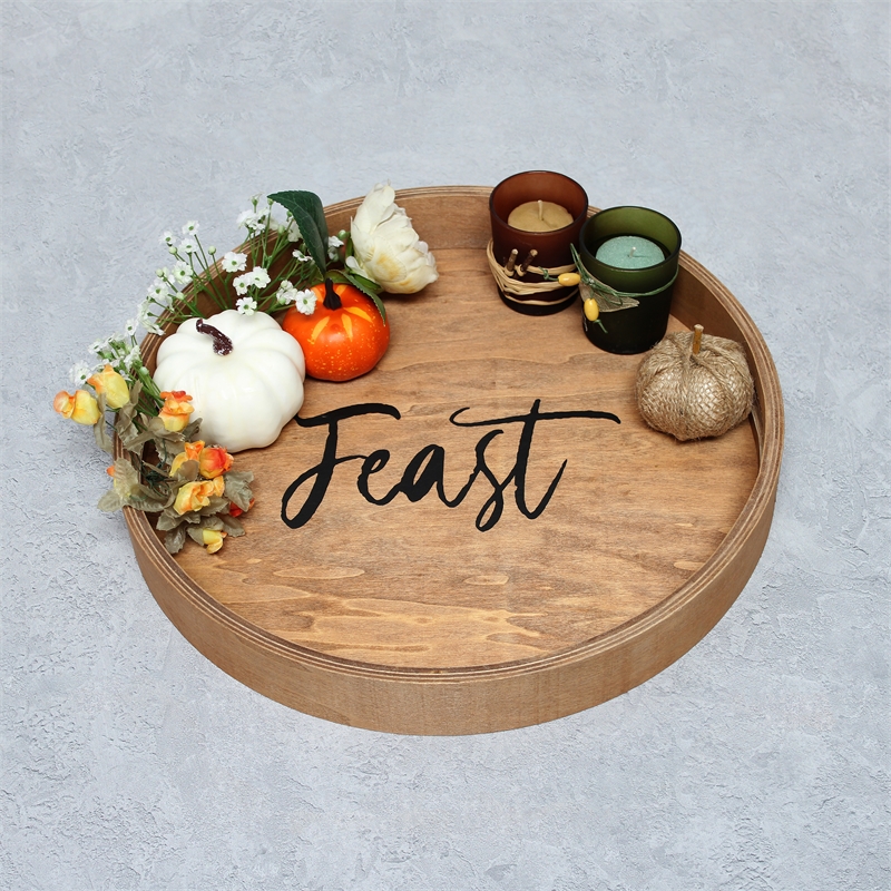 Decorative 13.75in Round Wood Serving Tray w Handles Feast