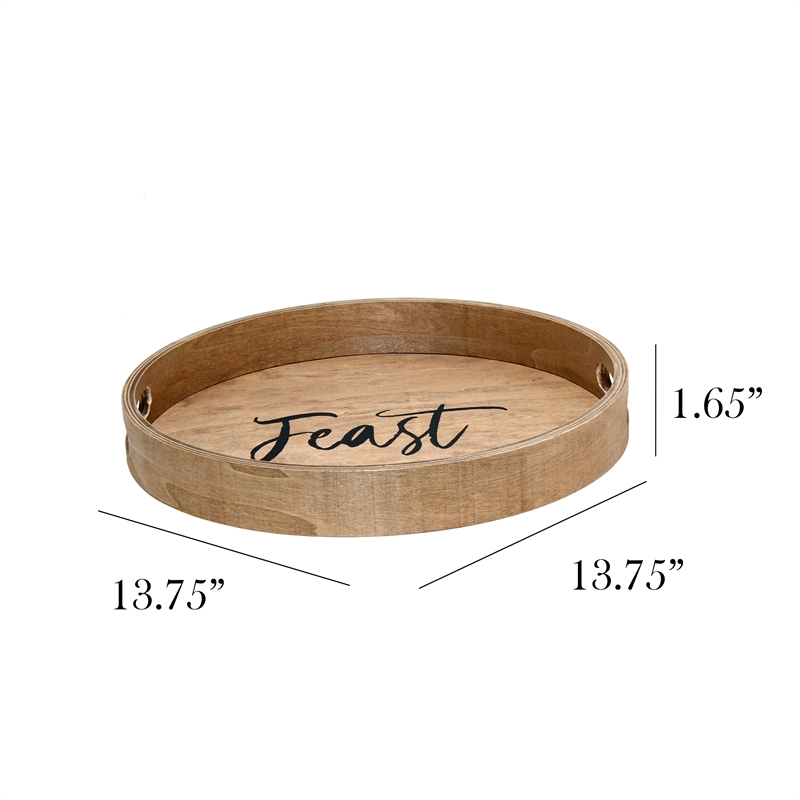 Decorative 13.75in Round Wood Serving Tray w Handles Feast