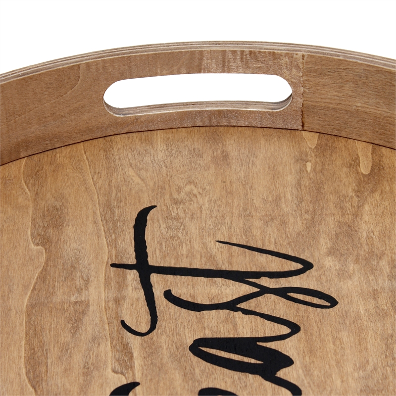 Decorative 13.75in Round Wood Serving Tray w Handles Feast