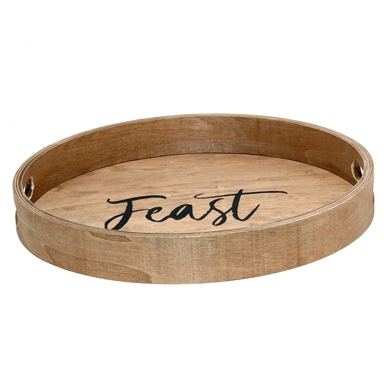 Decorative 13.75in Round Wood Serving Tray w Handles Feast