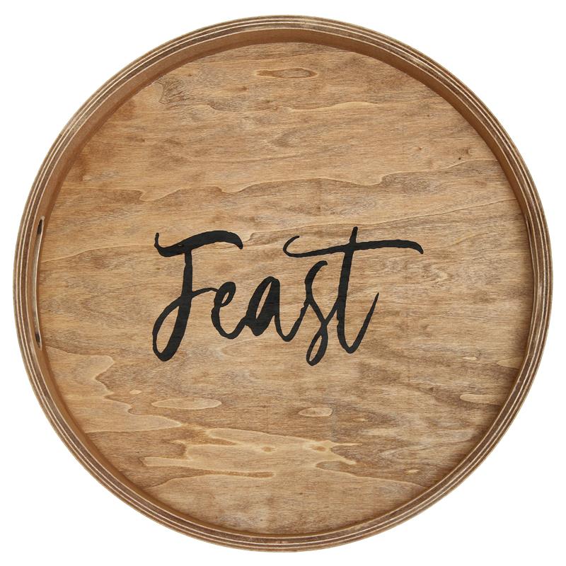 Decorative 13.75in Round Wood Serving Tray w Handles Feast