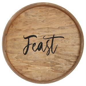 Decorative 13.75in Round Wood Serving Tray w Handles Feast