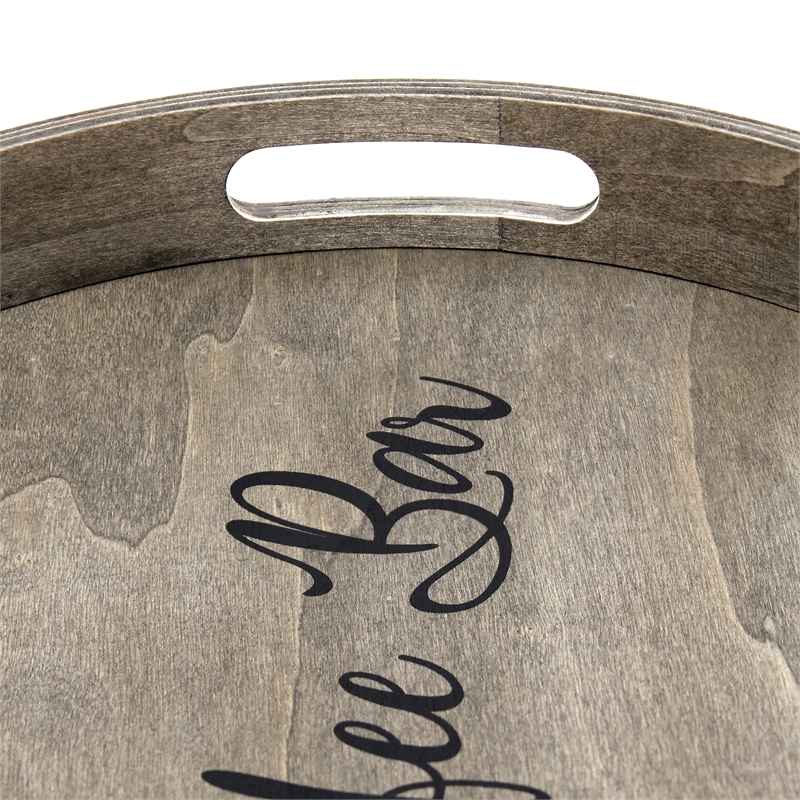 Decorative 13.75in Round Wood Serving Tray w Handles Coffee Bar