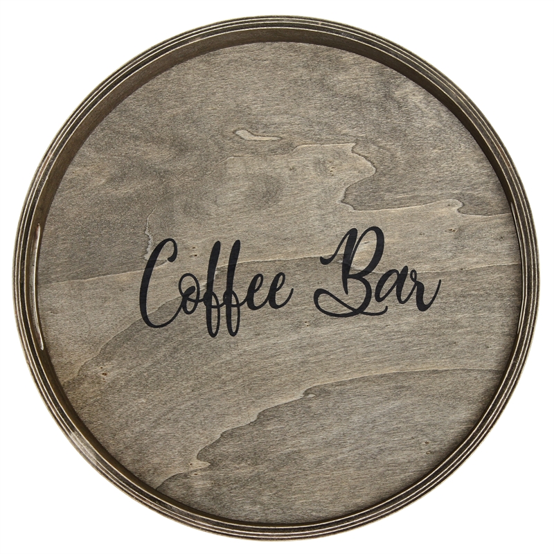 Decorative 13.75in Round Wood Serving Tray w Handles Coffee Bar