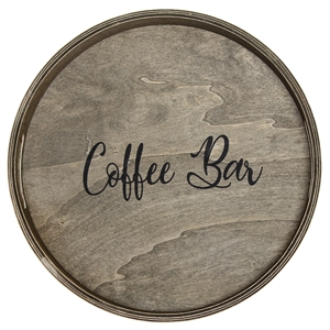 Decorative 13.75in Round Wood Serving Tray w Handles Coffee Bar