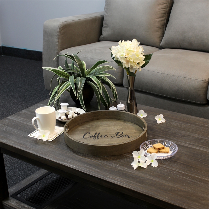 Decorative 13.75in Round Wood Serving Tray w Handles Coffee Bar
