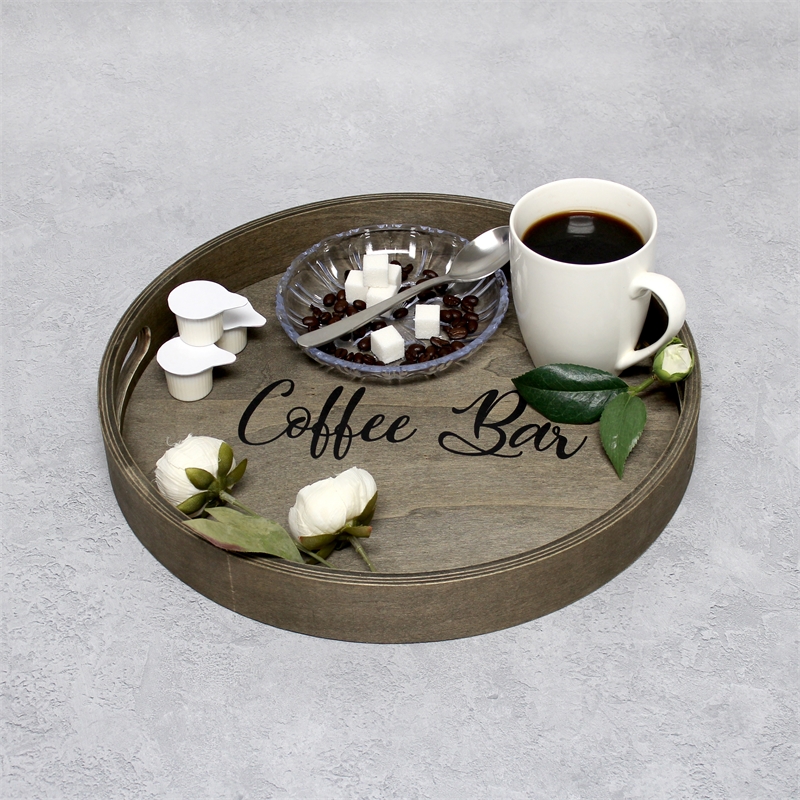 Decorative 13.75in Round Wood Serving Tray w Handles Coffee Bar
