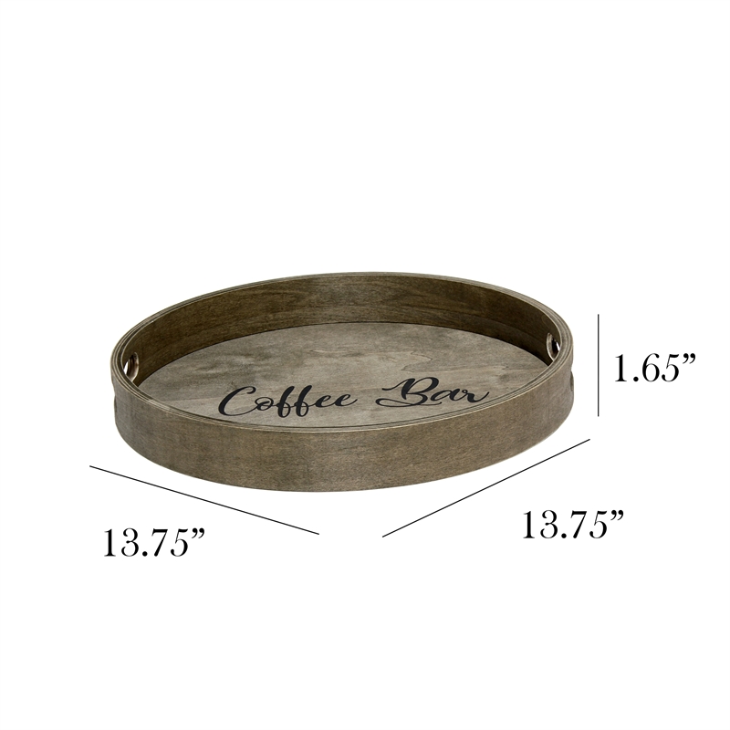 Decorative 13.75in Round Wood Serving Tray w Handles Coffee Bar