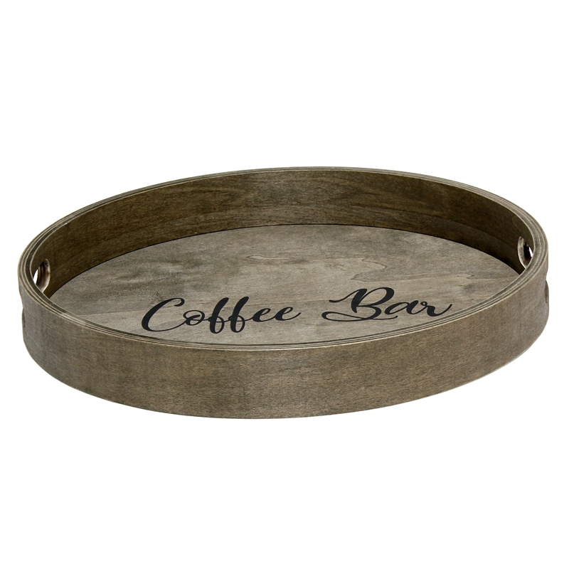 Decorative 13.75in Round Wood Serving Tray w Handles Coffee Bar