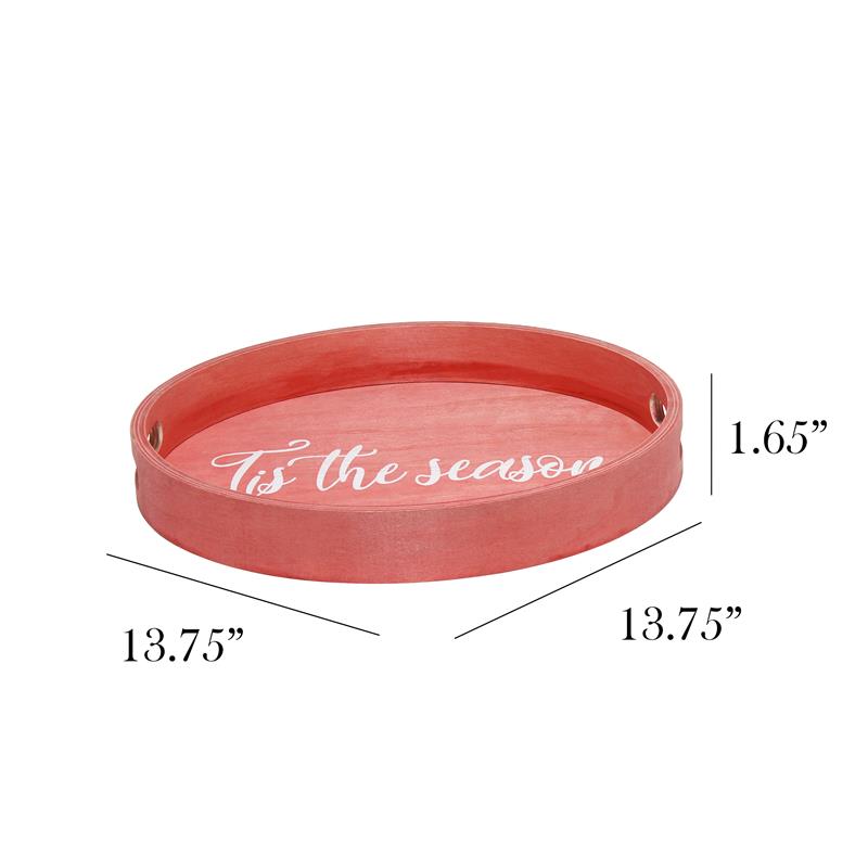 Decorative 13.75in Round Wood Serving Tray w Handles Tis the Season