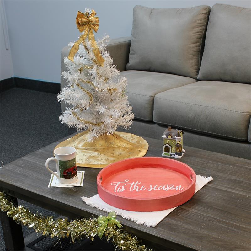 Decorative 13.75in Round Wood Serving Tray w Handles Tis the Season