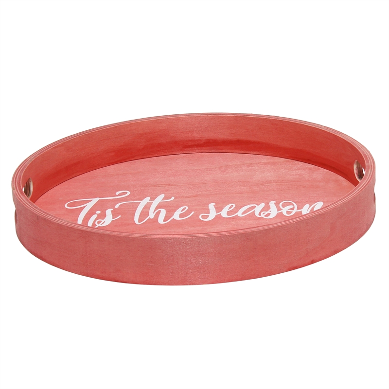 Decorative 13.75in Round Wood Serving Tray w Handles Tis the Season