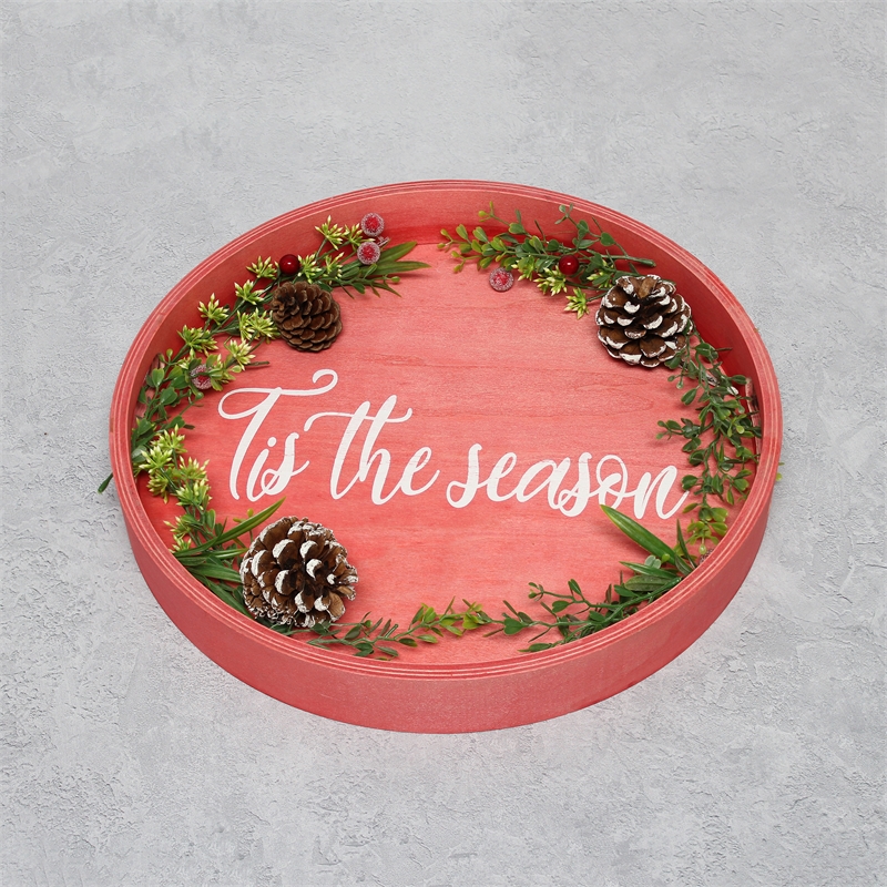 Decorative 13.75in Round Wood Serving Tray w Handles Tis the Season