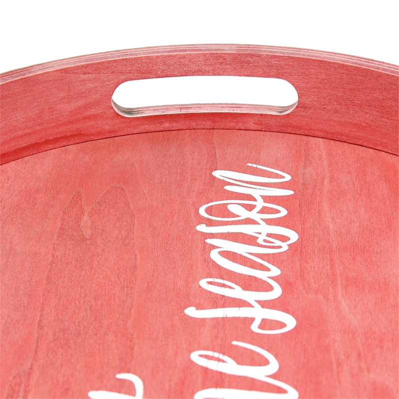 Decorative 13.75in Round Wood Serving Tray w Handles Tis the Season