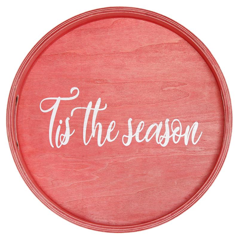 Decorative 13.75in Round Wood Serving Tray w Handles Tis the Season