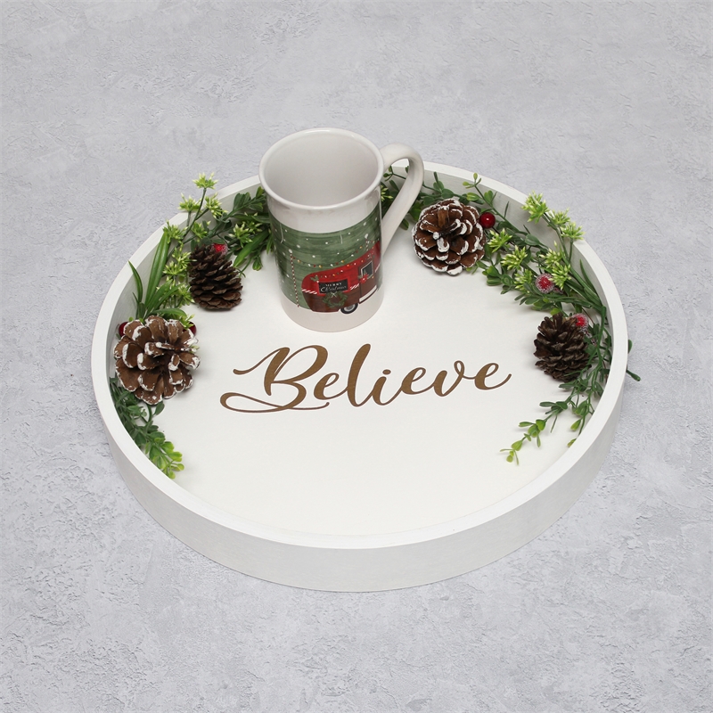 Decorative 13.75in Round Wood Serving Tray w Handles Believe