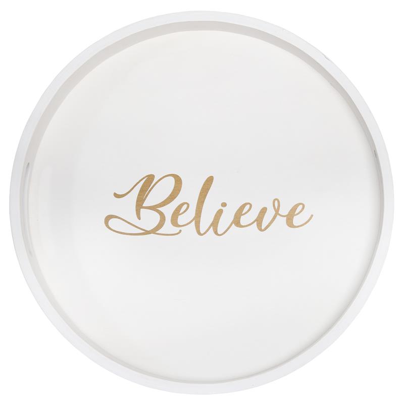 Decorative 13.75in Round Wood Serving Tray w Handles Believe
