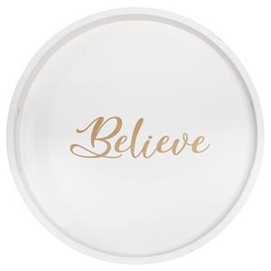 Decorative 13.75in Round Wood Serving Tray w Handles Believe