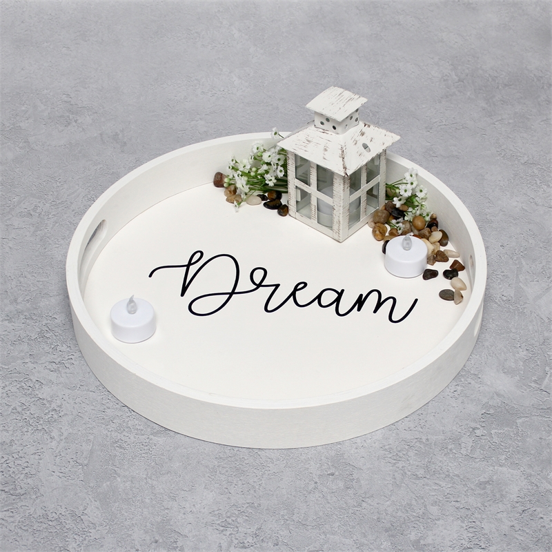 Decorative 13.75in Round Wood Serving Tray w Handles Dream