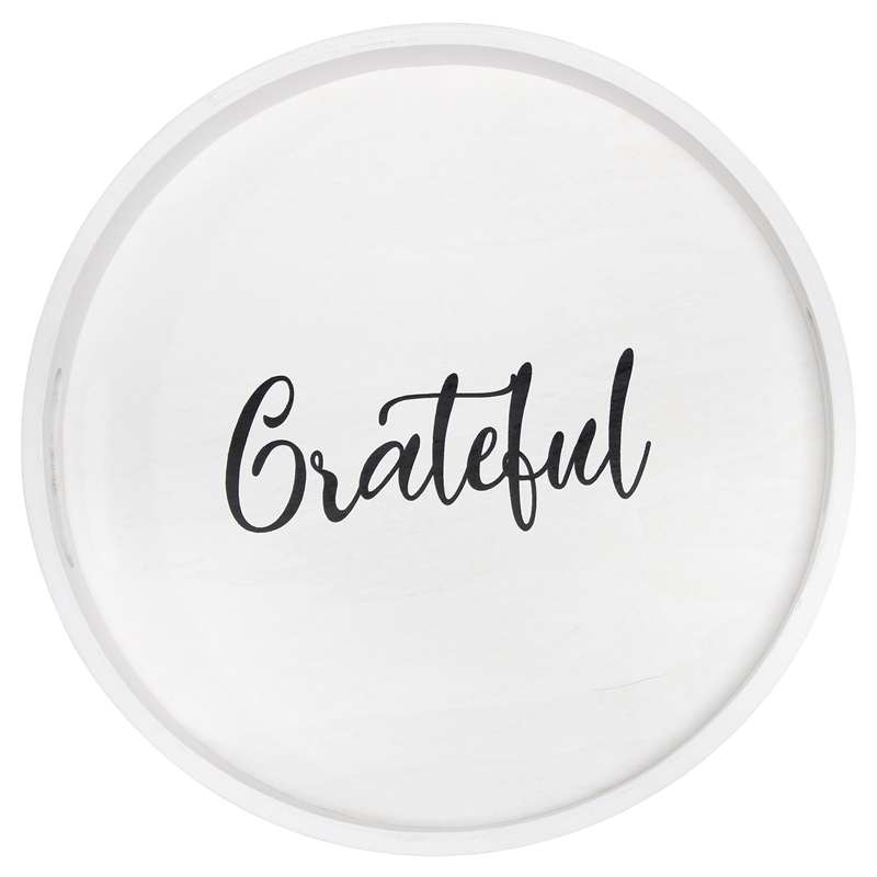Decorative 13.75in Round Wood Serving Tray w Handles Grateful