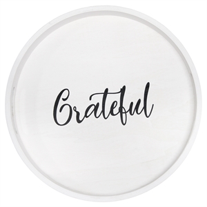 Decorative 13.75in Round Wood Serving Tray w Handles Grateful