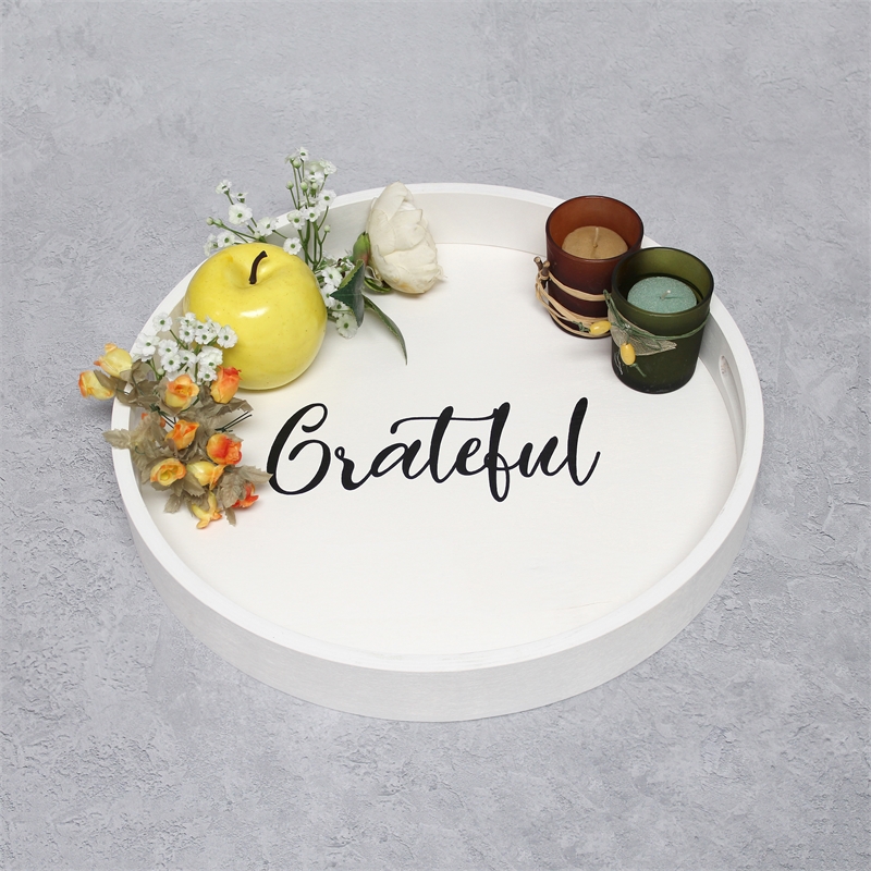 Decorative 13.75in Round Wood Serving Tray w Handles Grateful