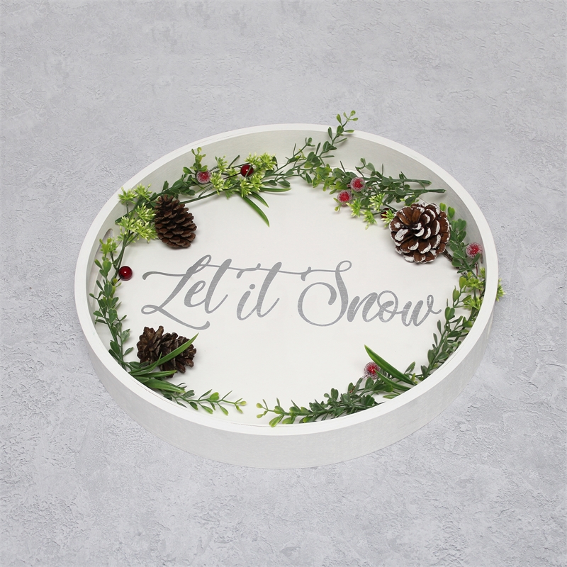 Decorative 13.75in Round Wood Serving Tray w Handles Let it Snow
