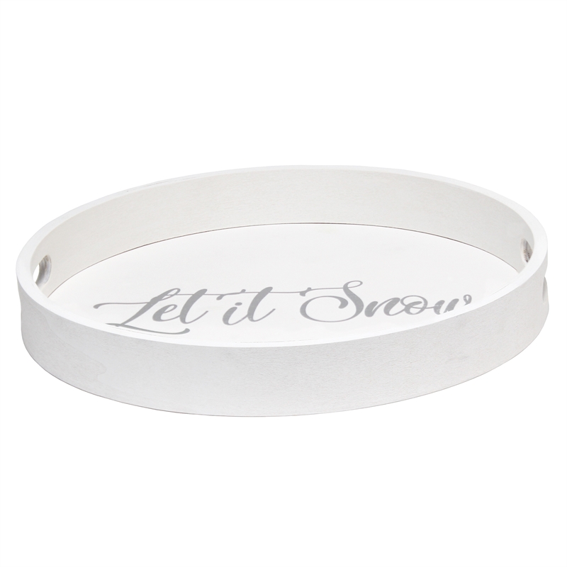 Decorative 13.75in Round Wood Serving Tray w Handles Let it Snow