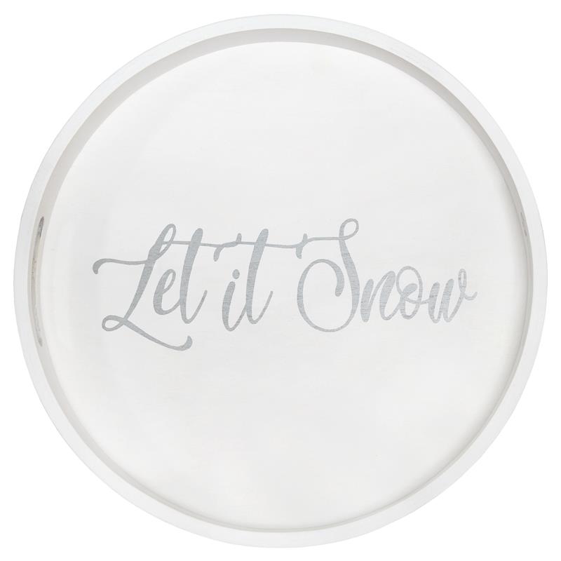 Decorative 13.75in Round Wood Serving Tray w Handles Let it Snow