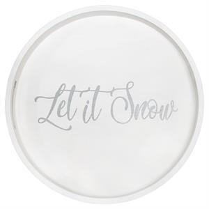 Decorative 13.75in Round Wood Serving Tray w Handles Let it Snow