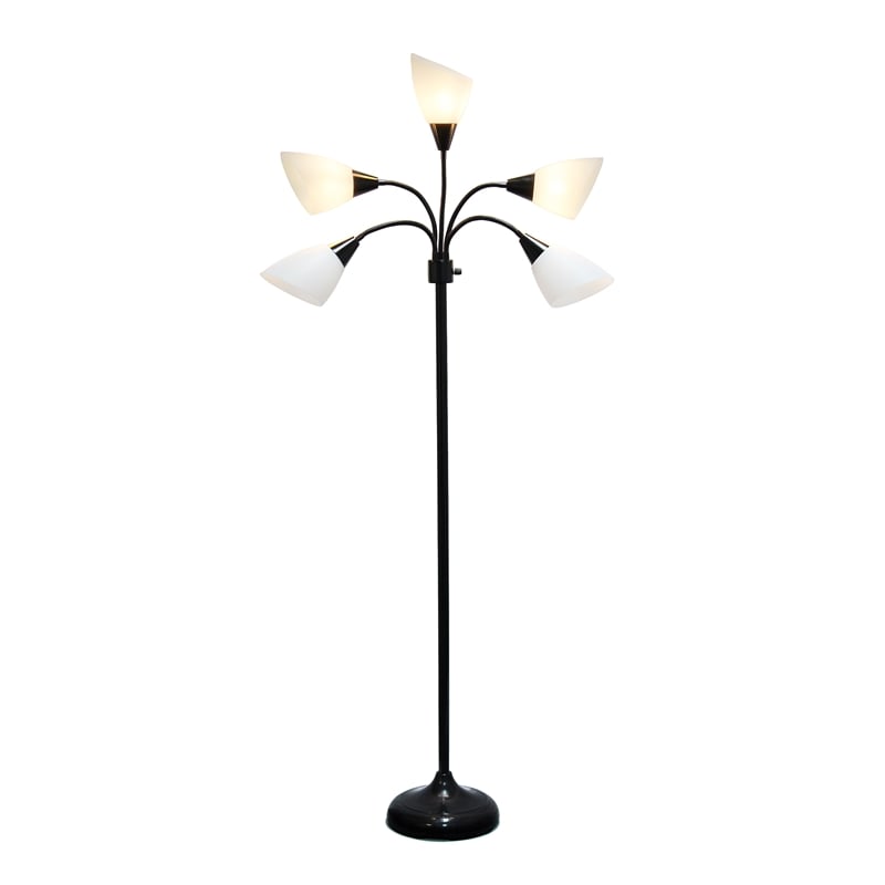 5 Light Adjustable Gooseneck Black Floor Lamp with White Shades