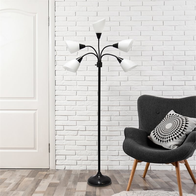 5 Light Adjustable Gooseneck Black Floor Lamp with White Shades