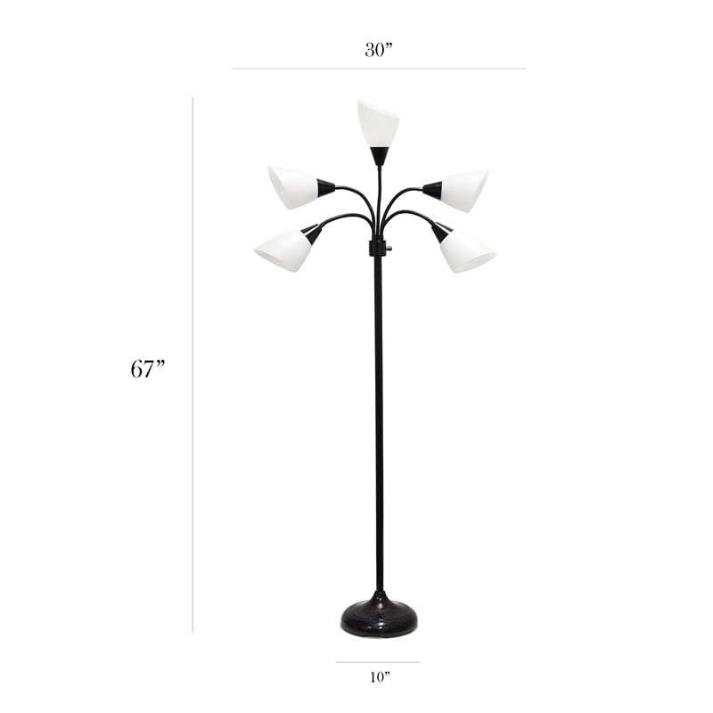 5 Light Adjustable Gooseneck Black Floor Lamp with White Shades