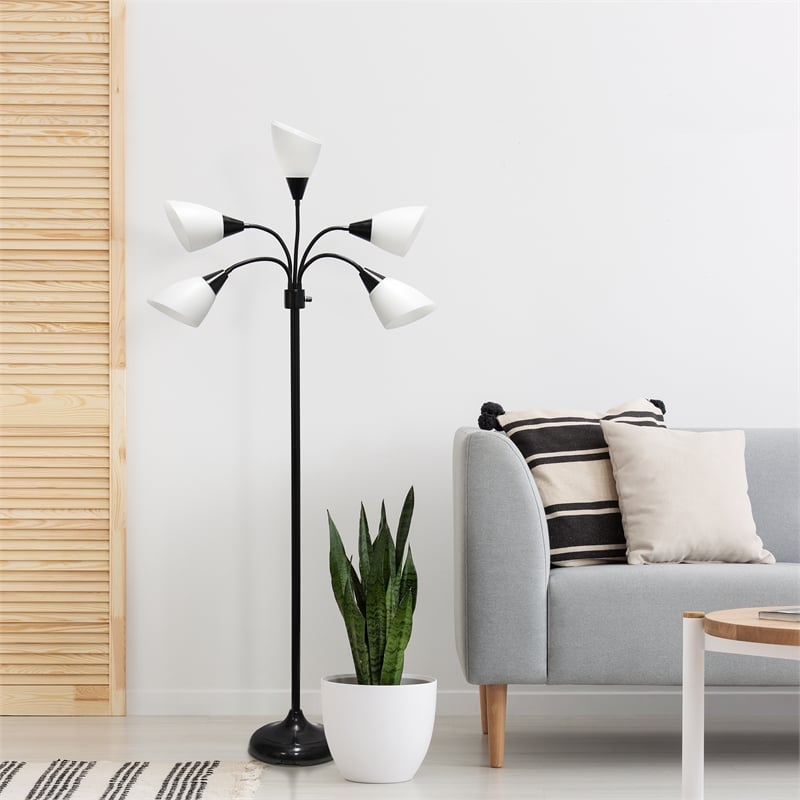 5 Light Adjustable Gooseneck Black Floor Lamp with White Shades