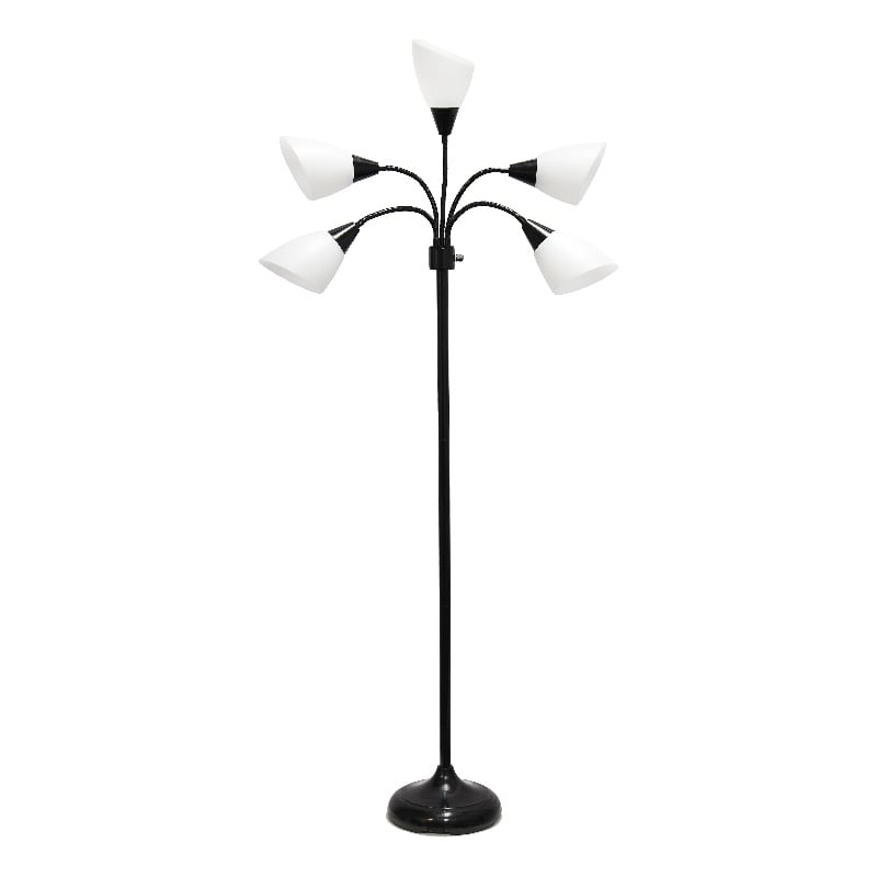 5 Light Adjustable Gooseneck Black Floor Lamp with White Shades
