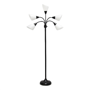 5 Light Adjustable Gooseneck Black Floor Lamp with White Shades