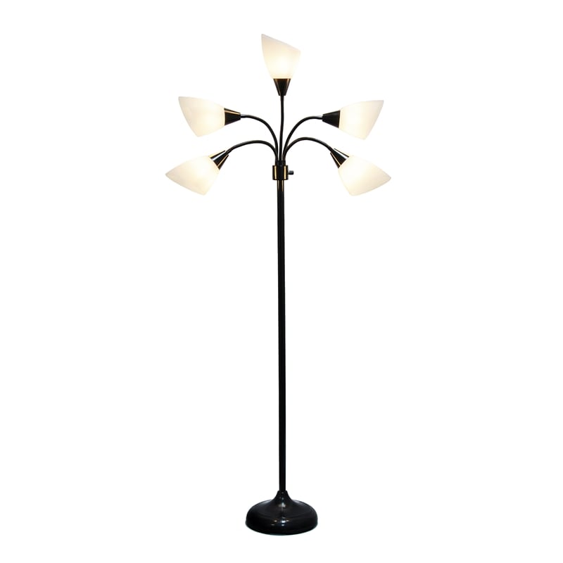 5 Light Adjustable Gooseneck Black Floor Lamp with White Shades