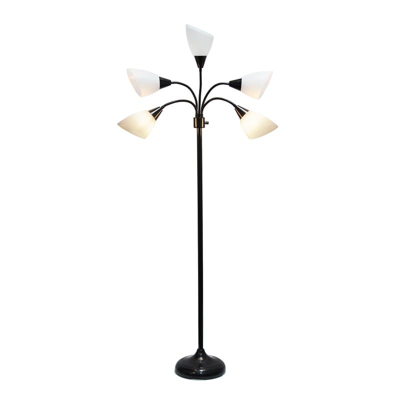 5 Light Adjustable Gooseneck Black Floor Lamp with White Shades