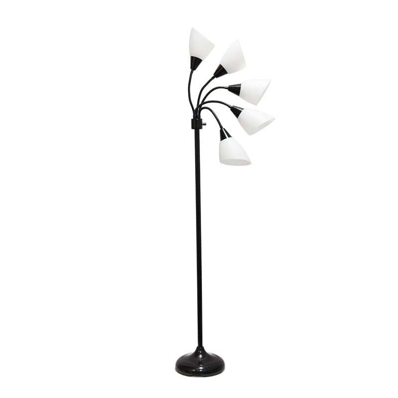 5 Light Adjustable Gooseneck Black Floor Lamp with White Shades