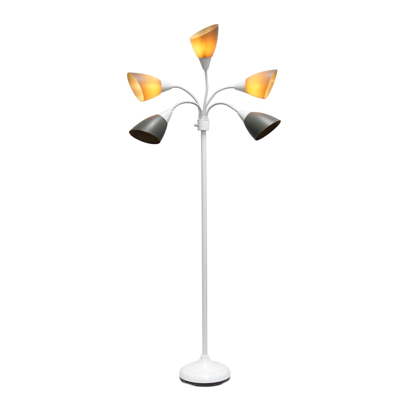 5 Light Adjustable Gooseneck White Floor Lamp with Gray Shades