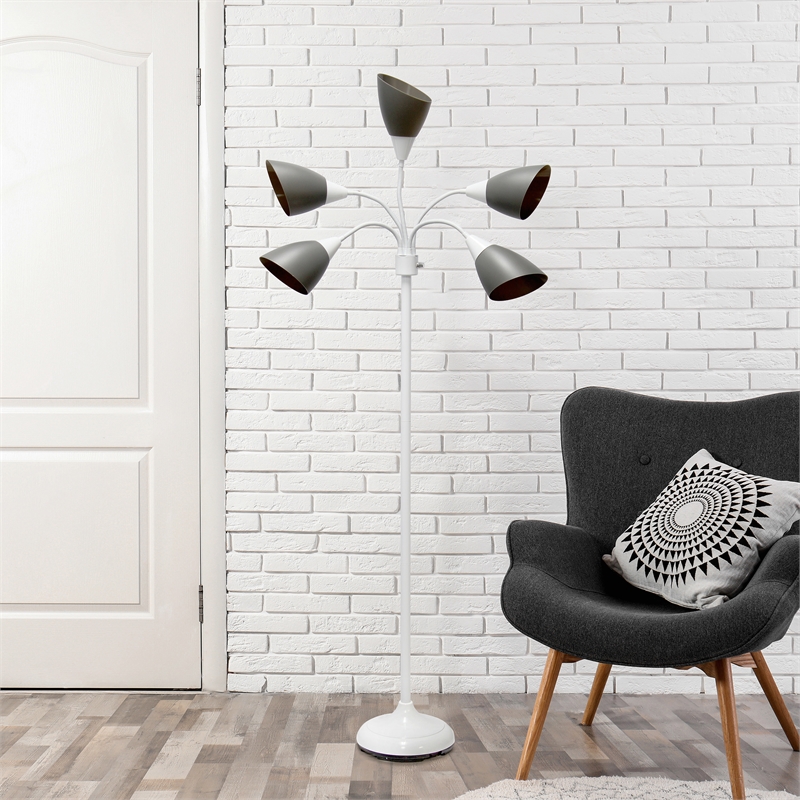 5 Light Adjustable Gooseneck White Floor Lamp with Gray Shades