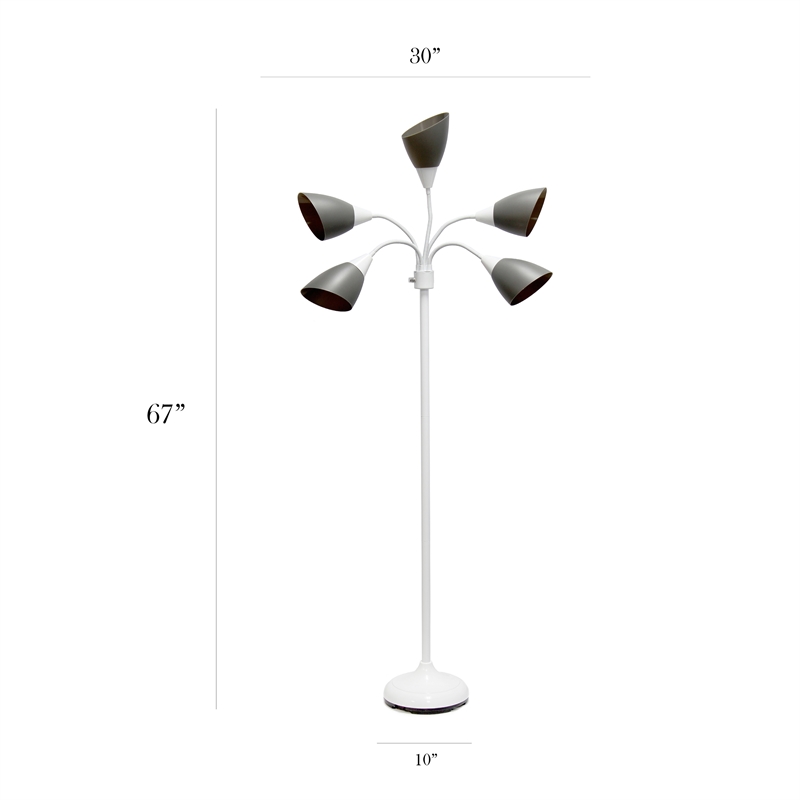 5 Light Adjustable Gooseneck White Floor Lamp with Gray Shades